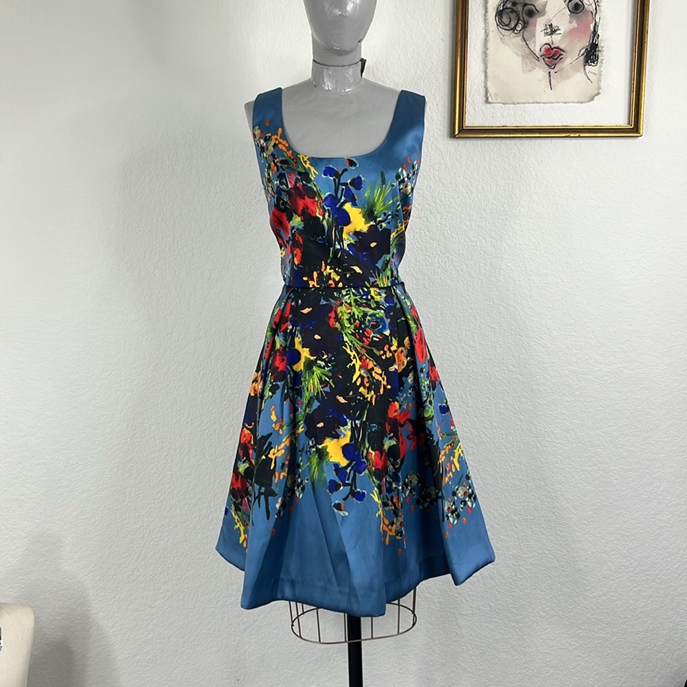 David Meister Blue Floral Fit Flare Sleeveless Scoop Neck Party Dress - Picture 2 of 11